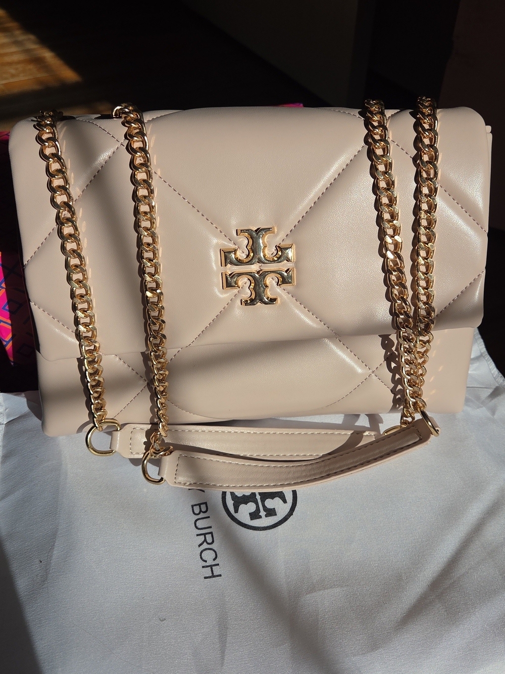 Tory Burch Quilted Leather Chain Shoulder Bag in Light Cream with Gold Hardware